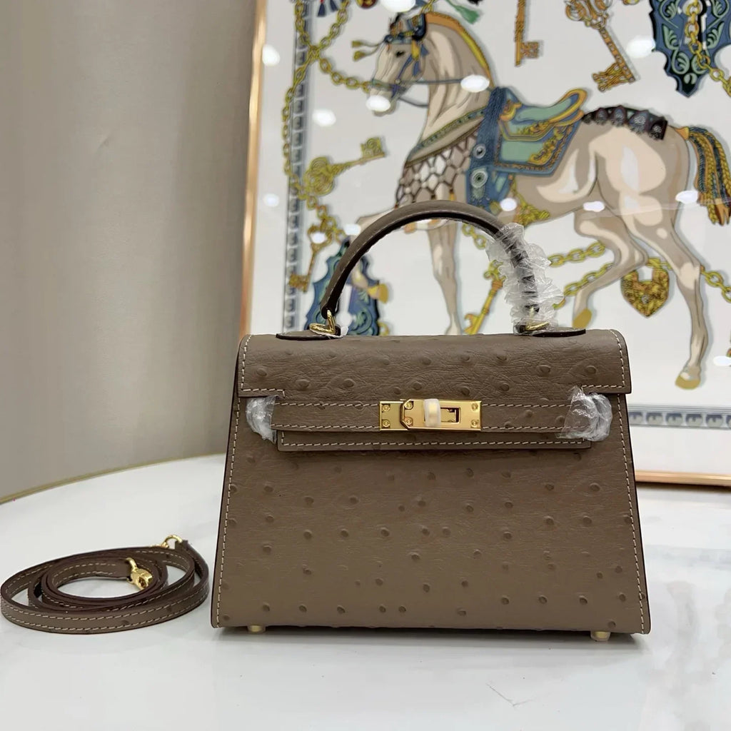 Kelly II Mini Gris Tourterelle Ostrich Gold Hardware