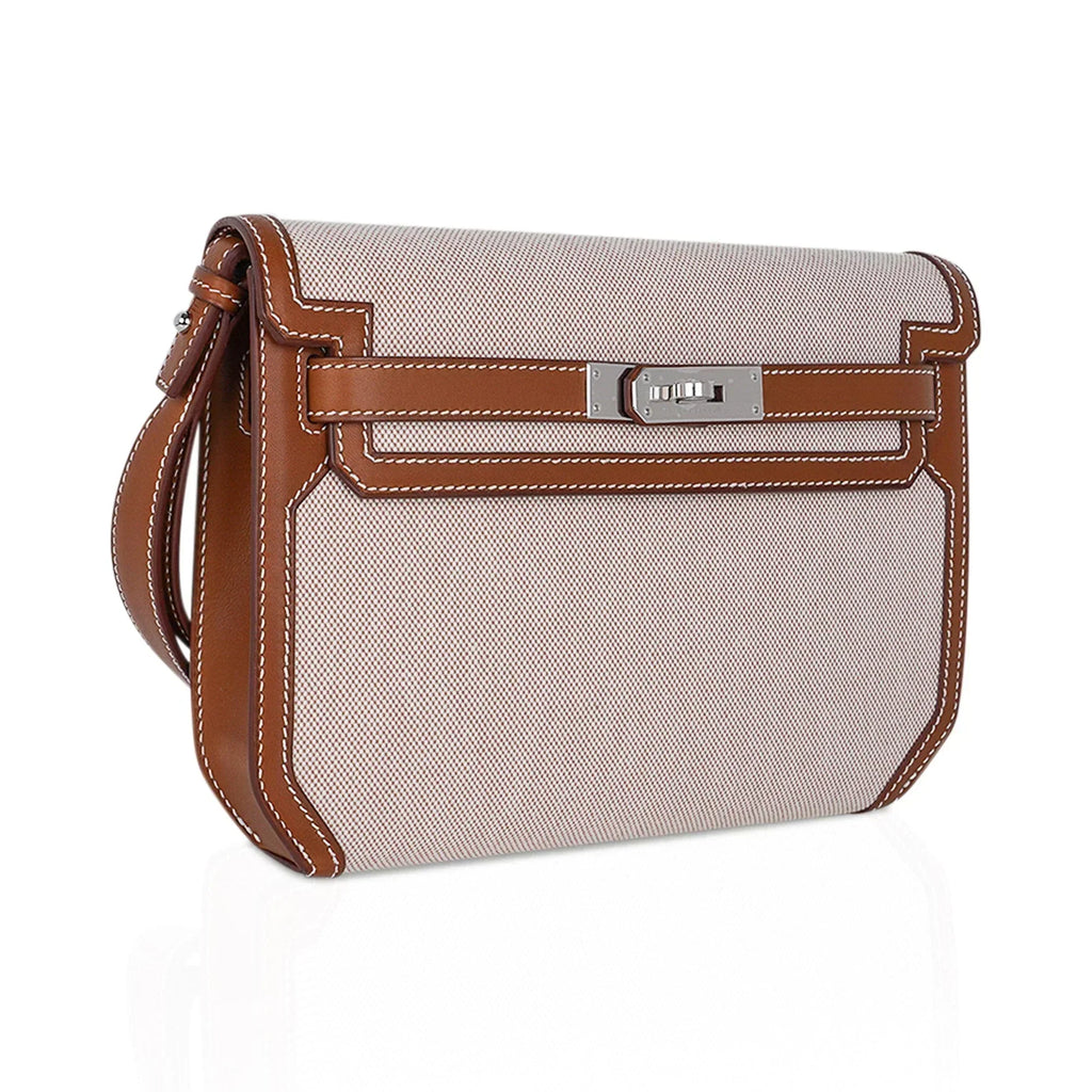 Kelly Depeches 25 Pouch Toile & Fauve Barenia Trim with Palladium Hardware