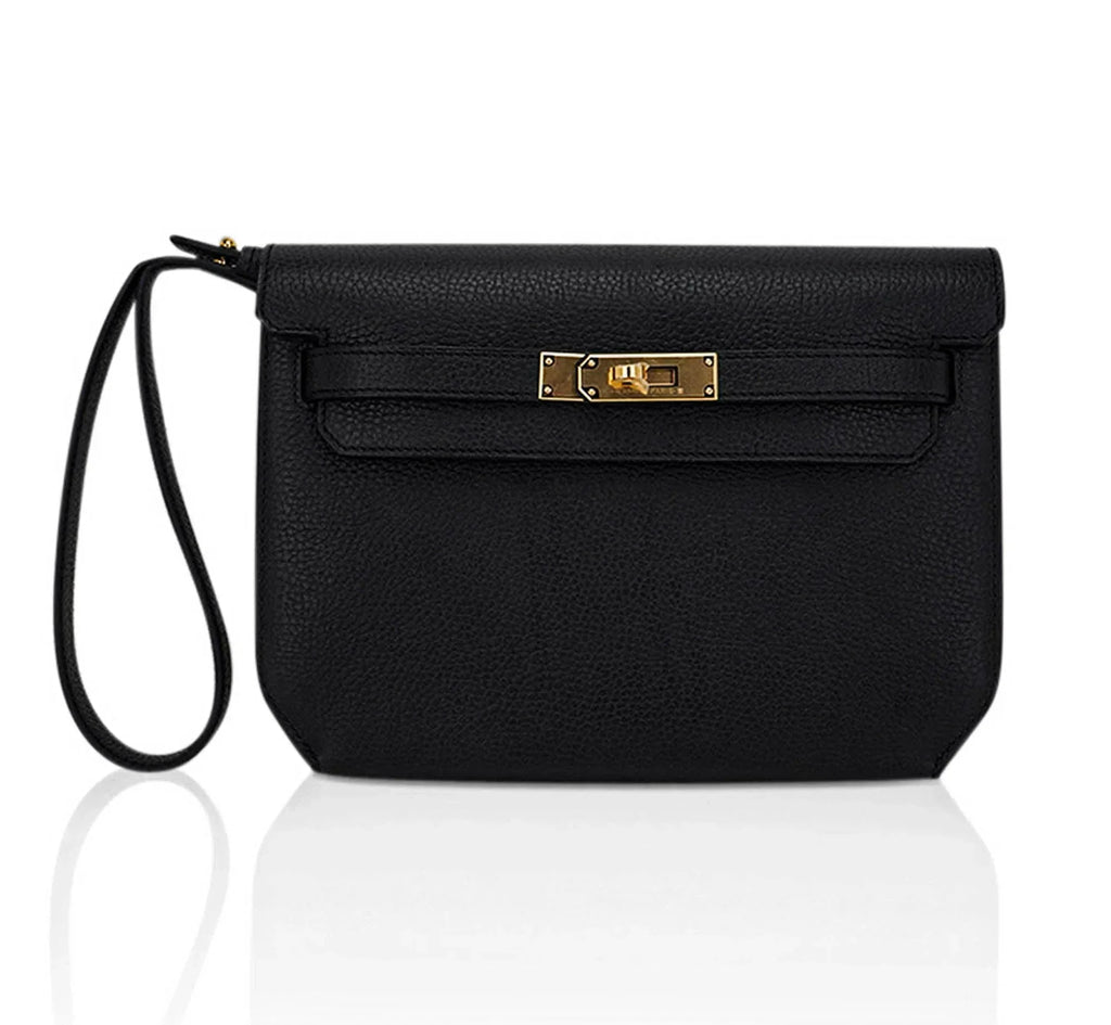 Kelly Depeches 25 Pouch Black Galop D’Leather with Gold Hardware