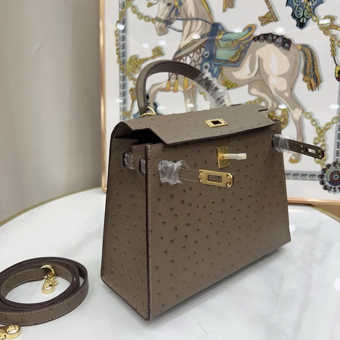 Kelly Sellier Gris Mousse Ostrich Gold Hardware