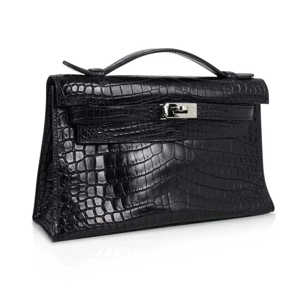 Kelly Pochette Bag Matte Black Crocodile Clutch Palladium