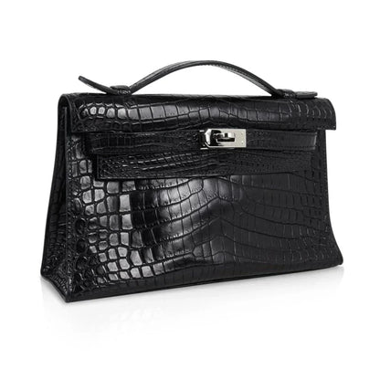 Kelly Pochette Bag Matte Black Crocodile Clutch Palladium