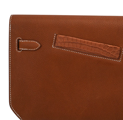Kelly Depeches Touch Pouch 25 Bag Fauve Barenia Faubourg Leather and Gold Matte Alligator with Palladium Hardware