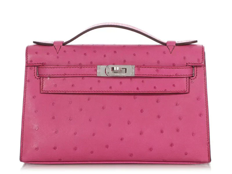 Kelly Pochette Palladium Hardware Fuchsia Ostrich
