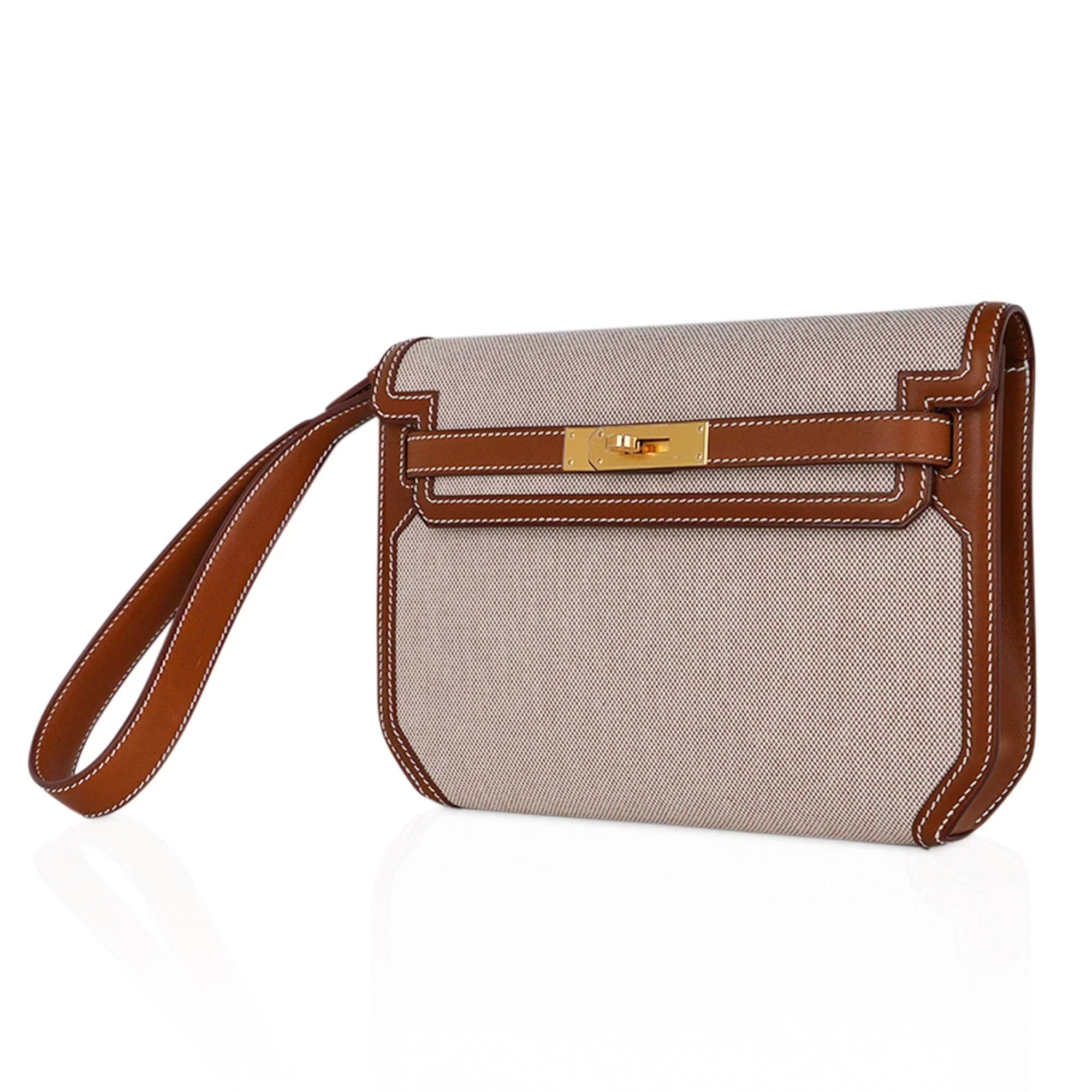 Kelly Depeches 25 Pouch Toile / Fauve Barenia Trim Gold Hardware