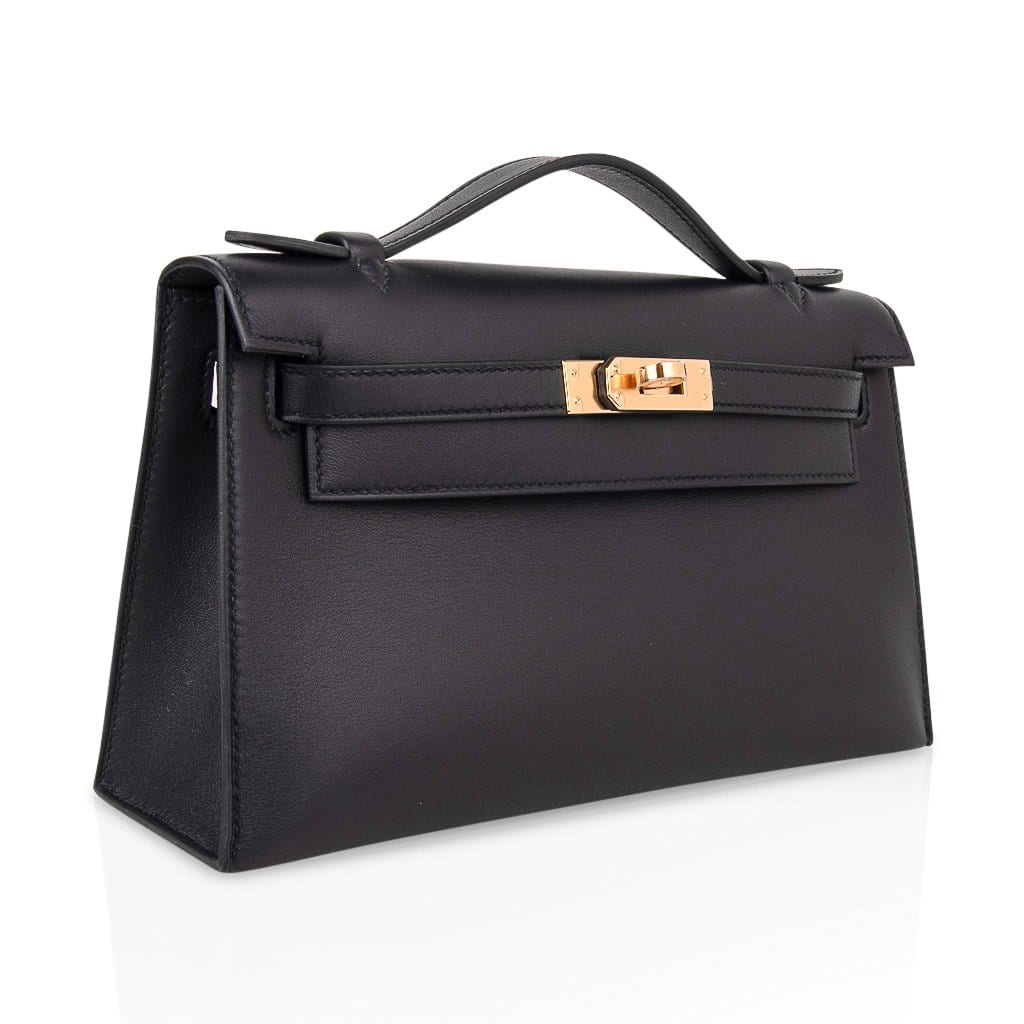 Kelly Pochette Bag Black Swift Leather with Gold Hardware
