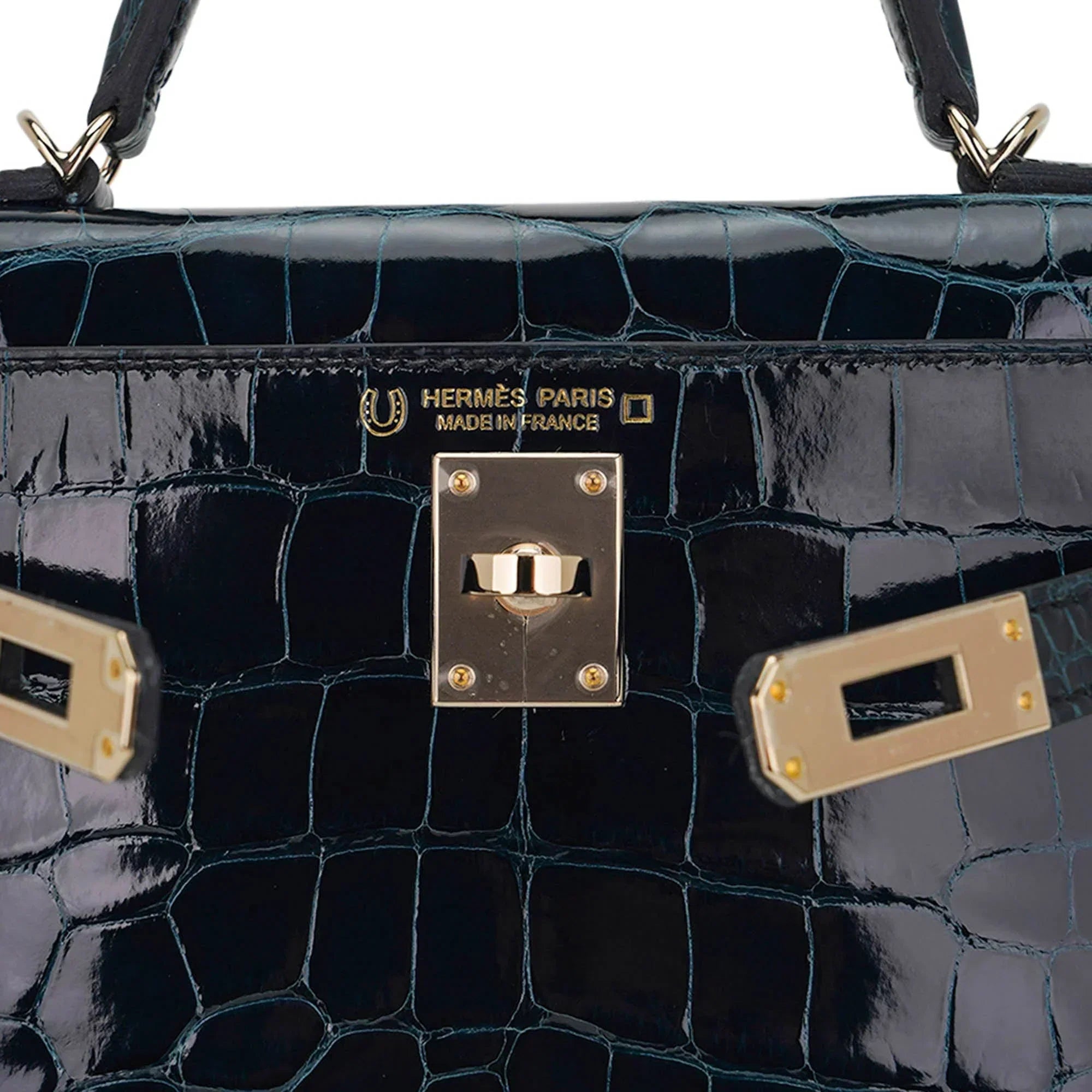 Limited Edition Verso Mini Kelly 20 Sellier Bag Vert Rousseau & Blue Paon Alligator with Permabrass Hardware