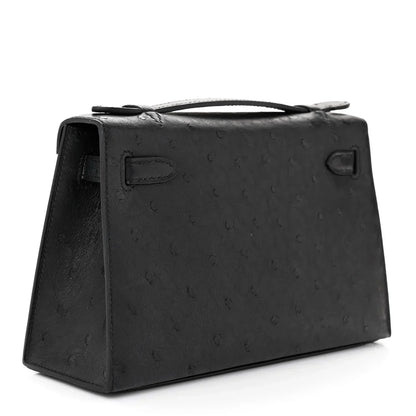 Kelly Pochette Black Ostrich Clutch Gold Hardware