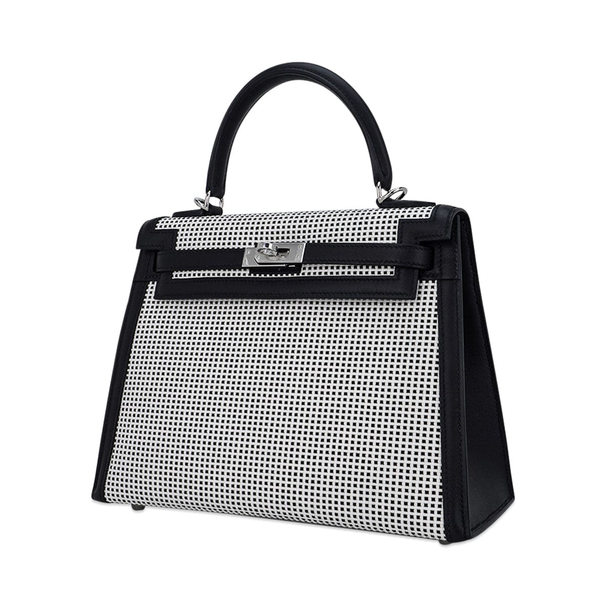 Kelly 25 Sellier Bag Quadrille Black & White Viking Toile Swift Leather with Palladium Hardware