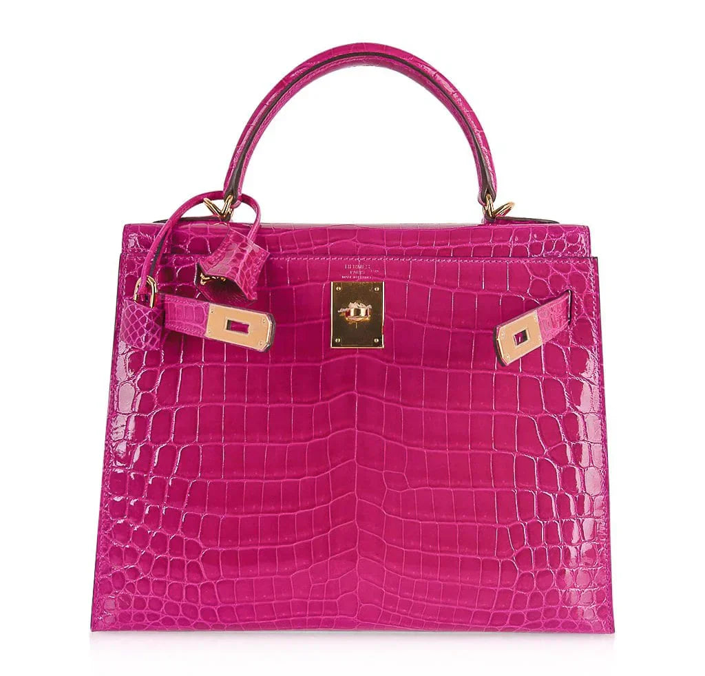 Kelly 28 Sellier Bag Rose Scheherazade Crocodile Gold Hardware