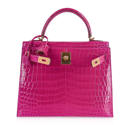 Kelly 28 Sellier Bag Rose Scheherazade Crocodile Gold Hardware