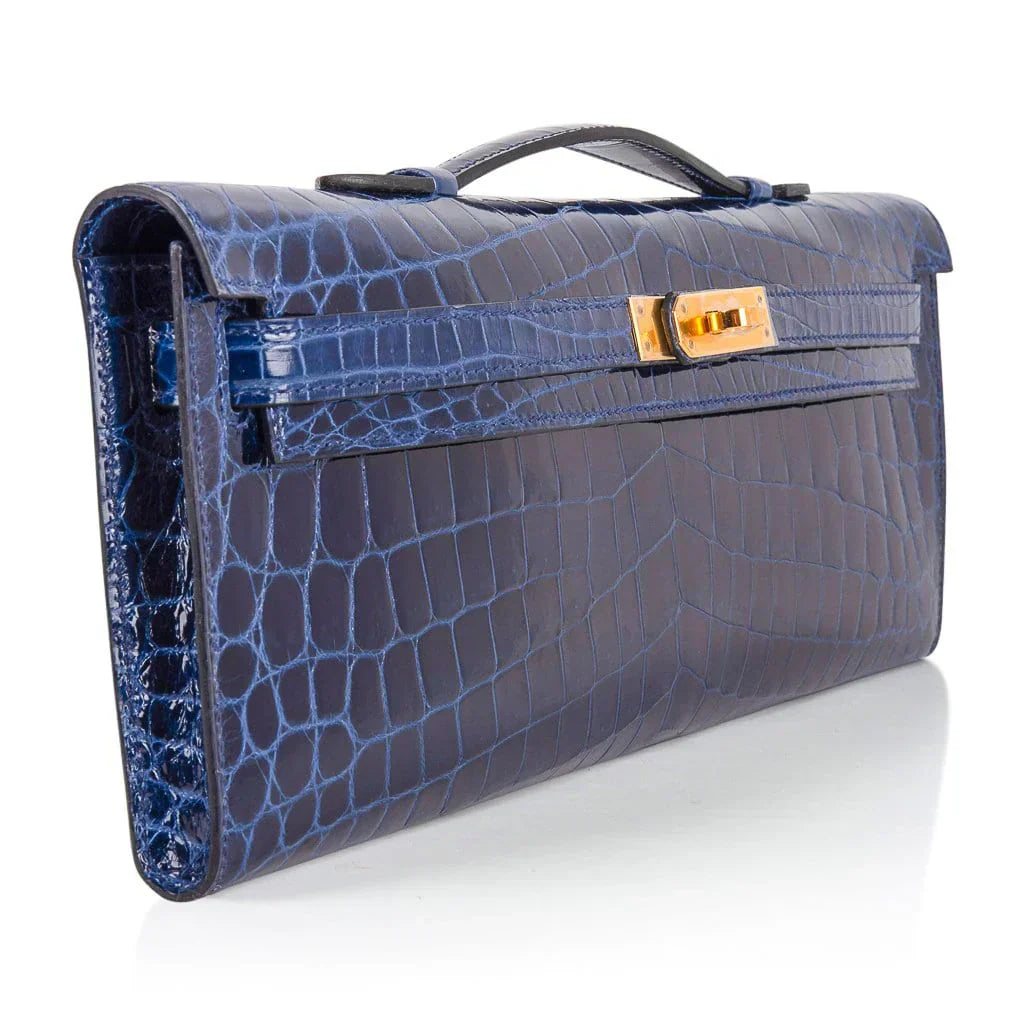 Kelly Cut Blue Sapphire Crocodile Clutch Bag Gold Hardware