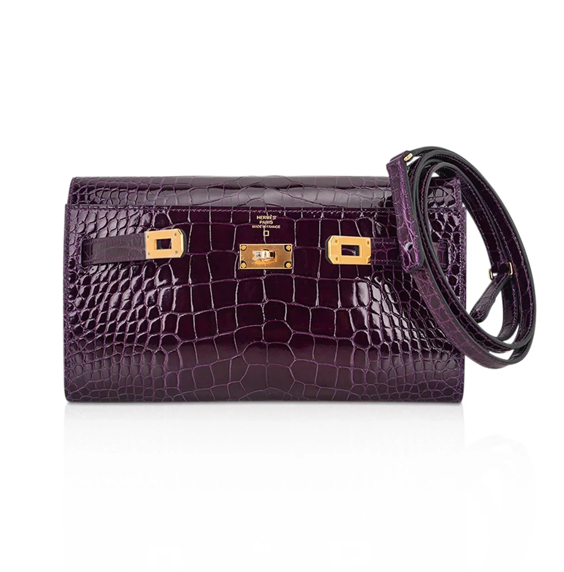Kelly Classique To Go Wallet Cassis Alligator with Gold Hardware