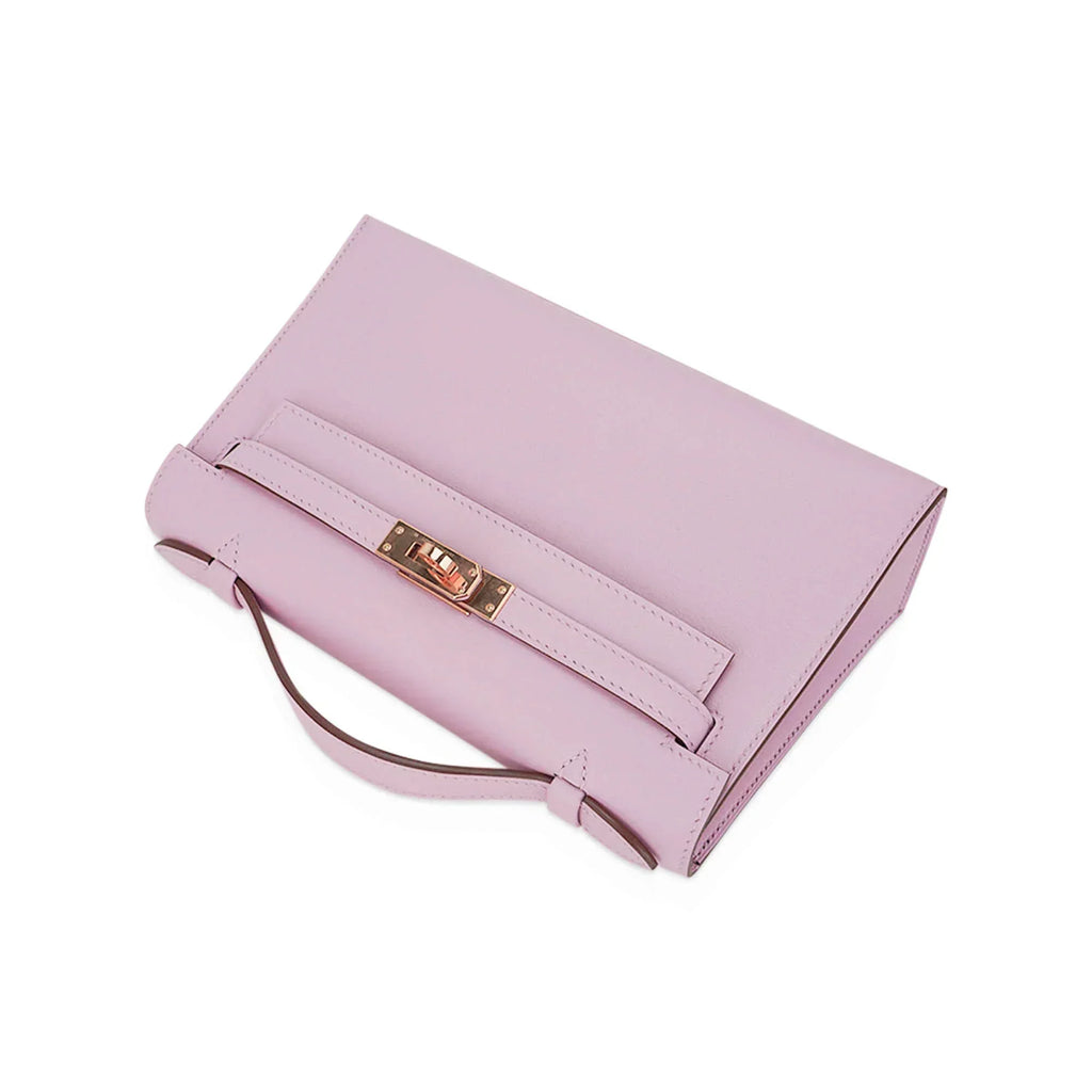 Kelly Pochette Clutch Bag Mauve Sylvestre Swift Leather with Rose Gold Hardware