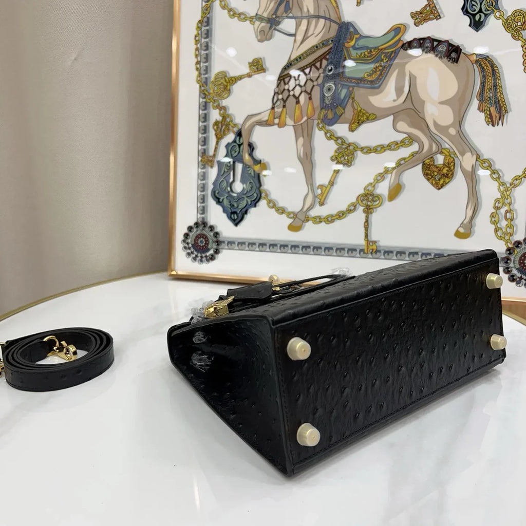 Kelly 25 Sellier Black Ostrich Gold Hardware
