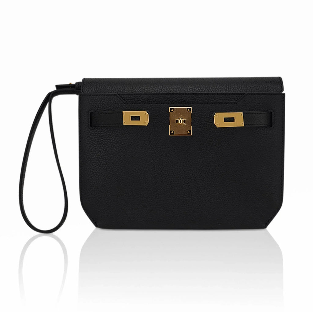 Kelly Depeches 25 Pouch Black Galop D’Leather with Gold Hardware