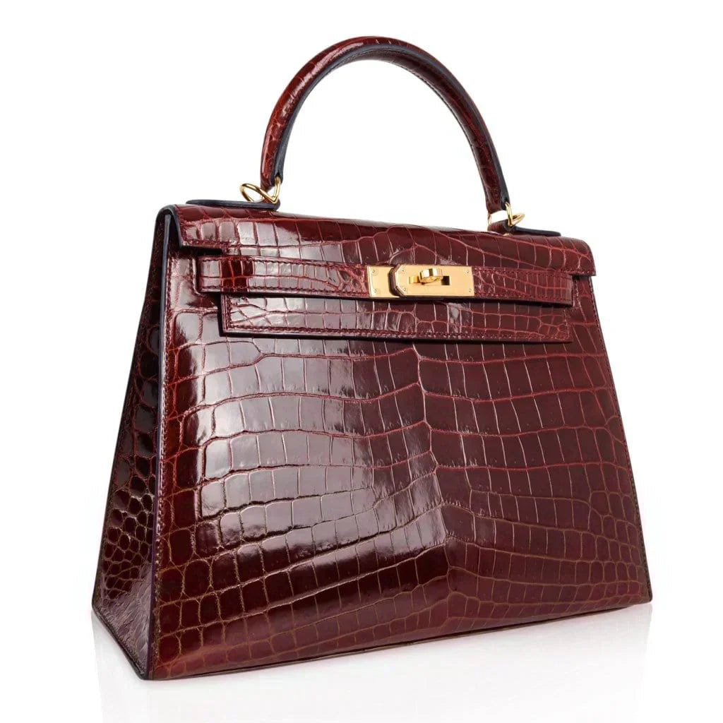 Kelly 28 Bag Sellier Bourgogne Red Navy Contour Crocodile Gold Hardware