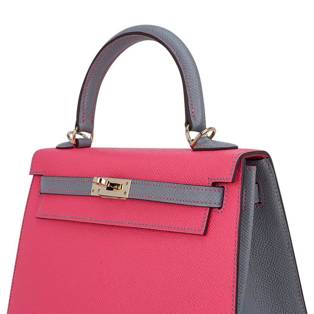Kelly Sellier 25 HSS Bag Rose Azalee/Gris Mouette Leather Permabrass