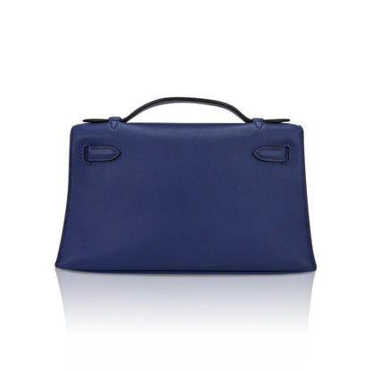 Kelly Pochette Clutch Bag Blue Sapphire Swift Leather with Palladium Hardware