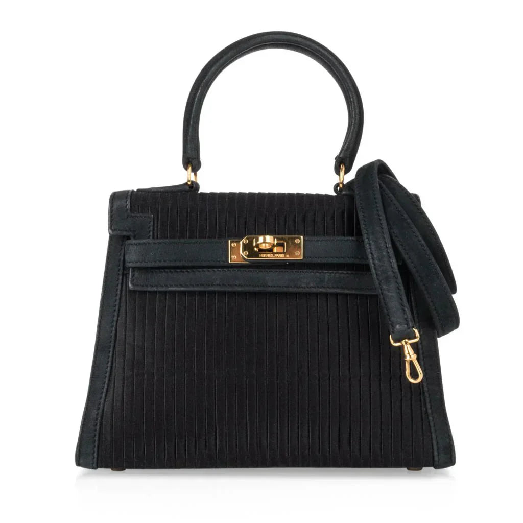 Kelly 20 Mini Vintage Bag Black Pleated Silk Suede Trim Gold Hardware