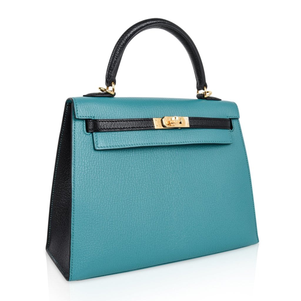 Kelly 25 Sellier Bag HSS Blue Paon / Black Chevre Mysore Gold Hardware