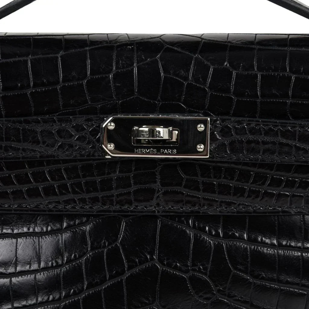 Kelly Pochette Bag Matte Black Crocodile Clutch Palladium