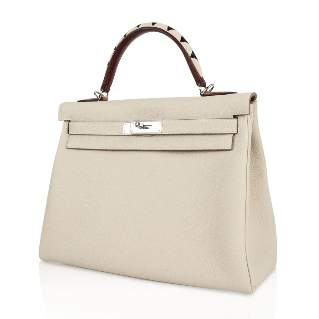 Limited Edition Kelly 32 Retourne Bag Au Galop Craie Togo Leather with Palladium Hardware