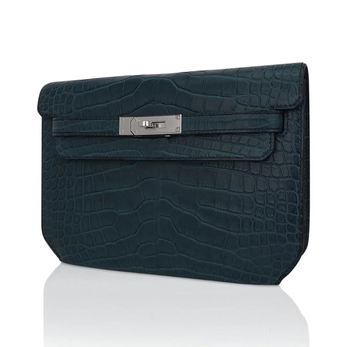 Kelly Depeches 25 Pouch Vert Rousseau Matte Alligator Palladium Hardware
