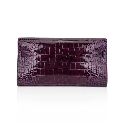 Kelly Classique To Go Wallet Cassis Alligator with Gold Hardware
