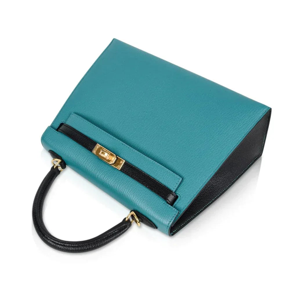 Kelly 25 Sellier Bag HSS Blue Paon / Black Chevre Mysore Gold Hardware
