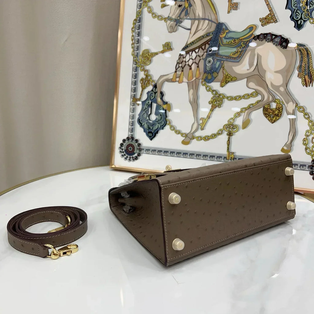 Kelly Sellier Gris Mousse Ostrich Gold Hardware