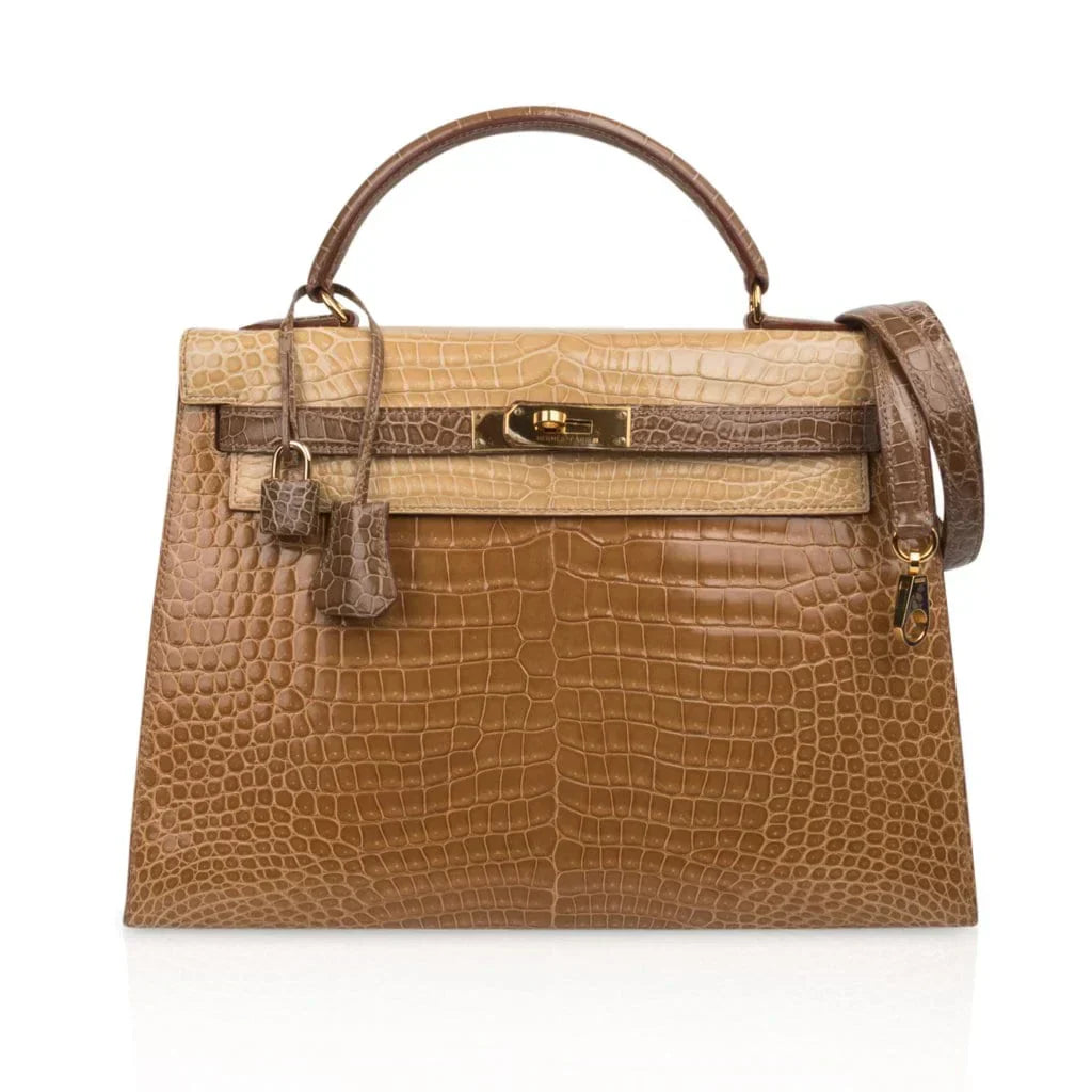 Limited Edition Tri-Color Kelly Sellier 32 Bag Poussiere Poudre Ficelle Porosus Crocodile