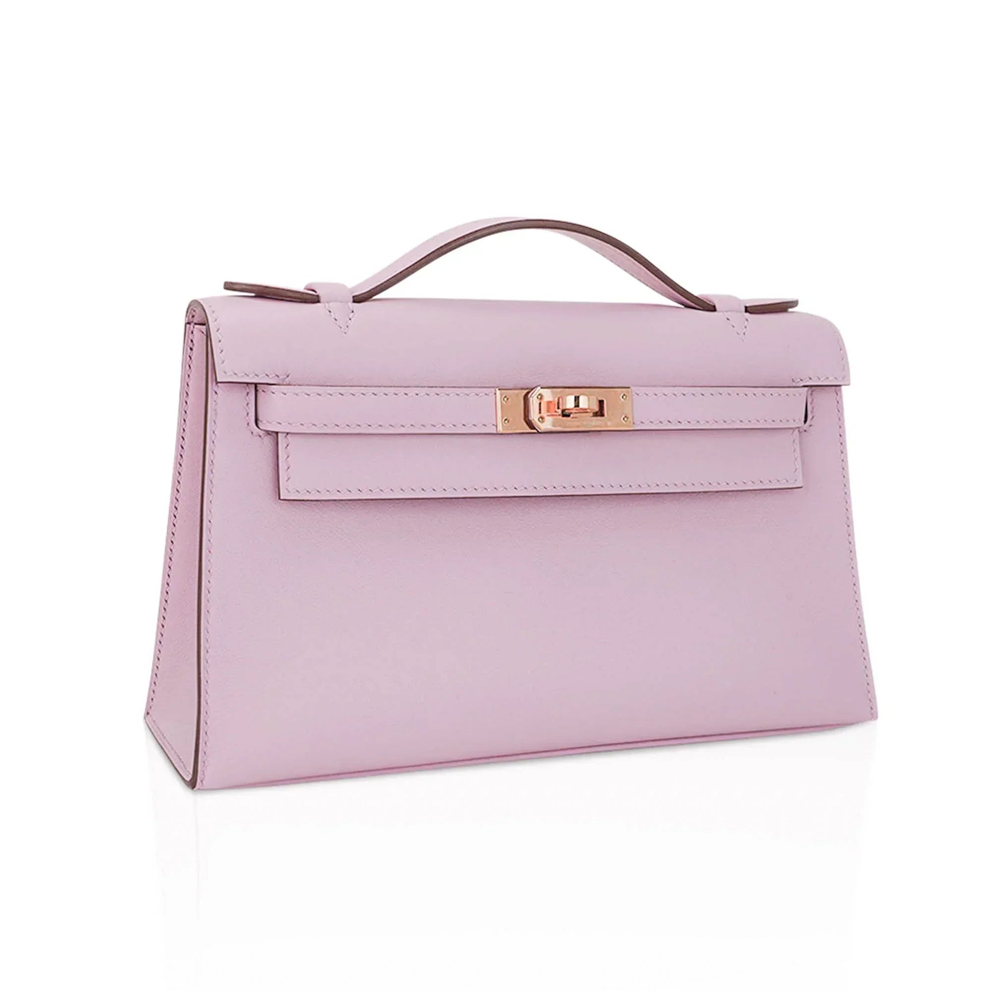 Kelly Pochette Clutch Bag Mauve Sylvestre Swift Leather with Rose Gold Hardware