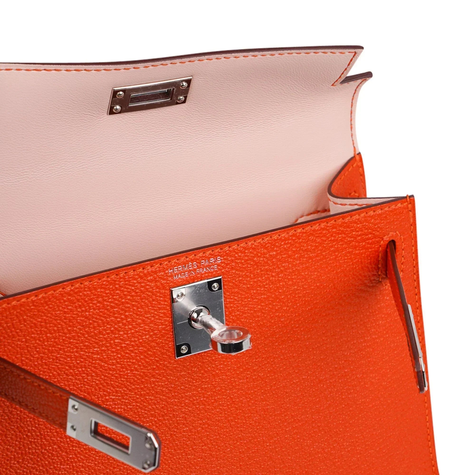 Kelly 20 Mini Sellier Bag Orange Feu / Rose Eglantine Chevre Bi-Color New w/Box