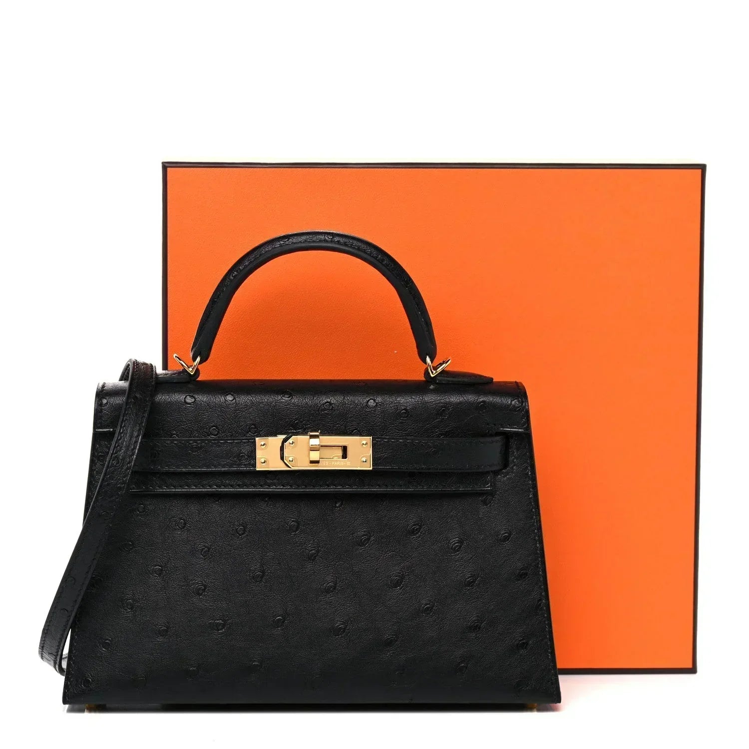 Kelly Sellier Mini 20 Black Ostrich Gold Hardware
