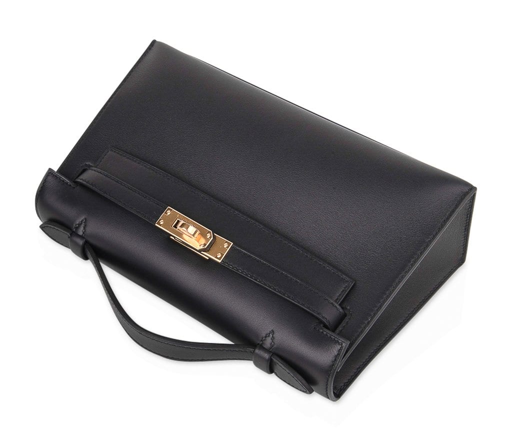 Kelly Pochette Bag Black Swift Leather with Gold Hardware