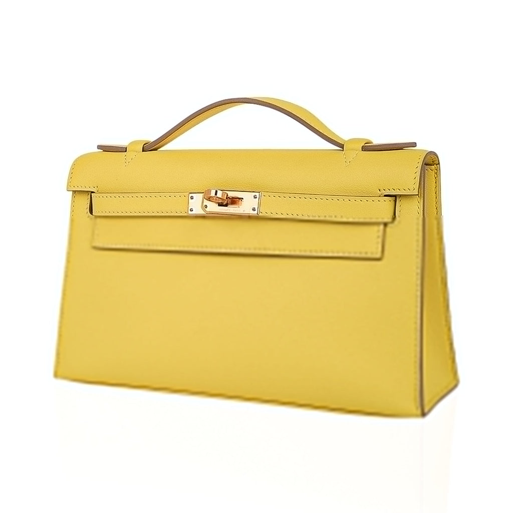 Kelly Pochette Bag Lime Clutch Gold Hardware Swift Leather