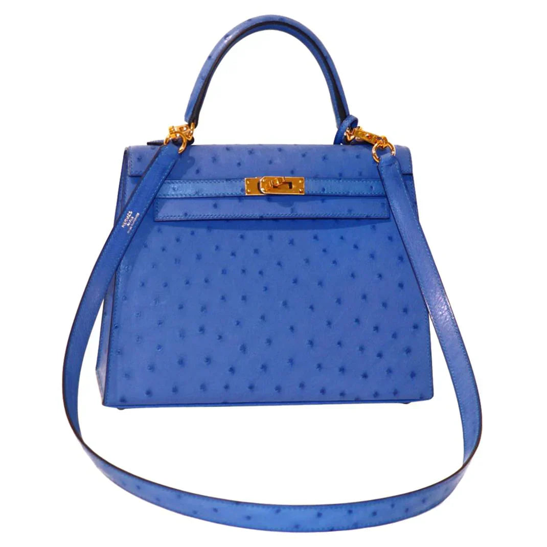 Kelly 25 Sellier Ostrich Bleuet Gold Hardware