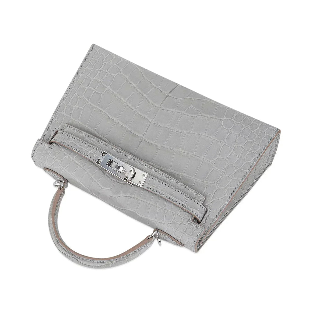 Limited Edition Mini Kelly 20 Sellier Matte Gris Perle Alligator Bag Palladium Hardware