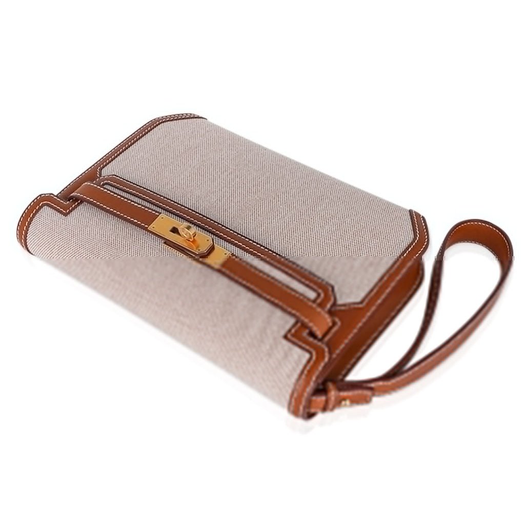 Kelly Depeches 25 Pouch Toile / Fauve Barenia Trim Gold Hardware
