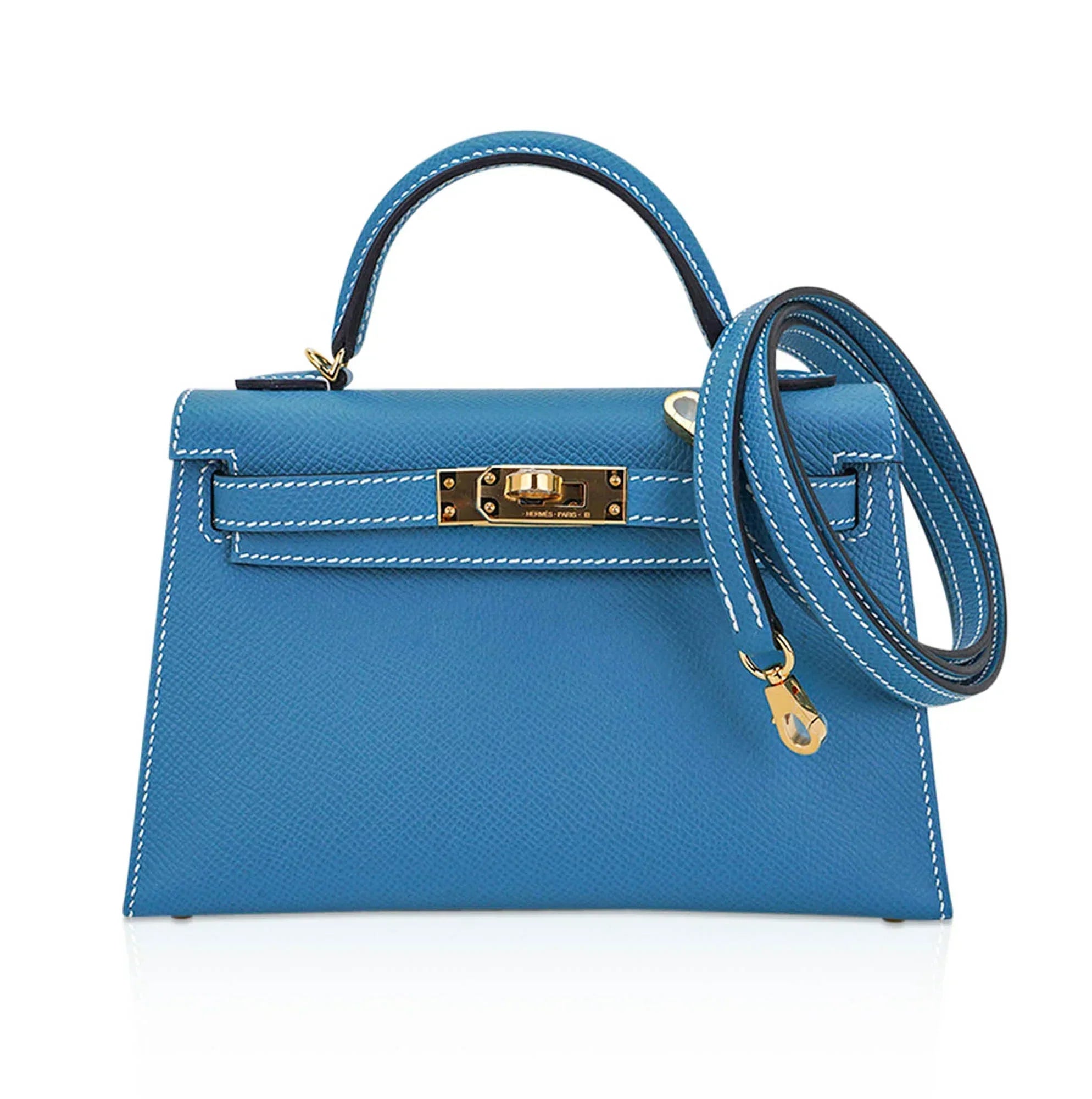 Mini Kelly 20 Bag Sellier New Blue Jean Epsom Leather with Gold Hardware