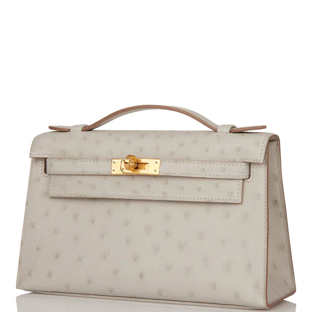 Kelly Pochette Gris Perle Ostrich Gold Hardware