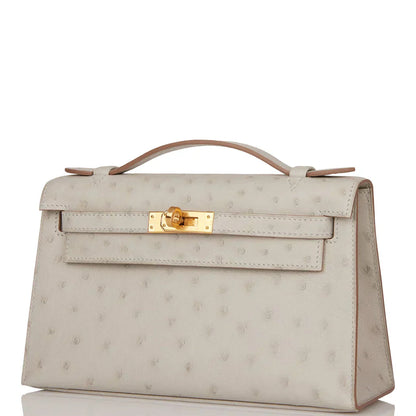 Kelly Pochette Gris Perle Ostrich Gold Hardware