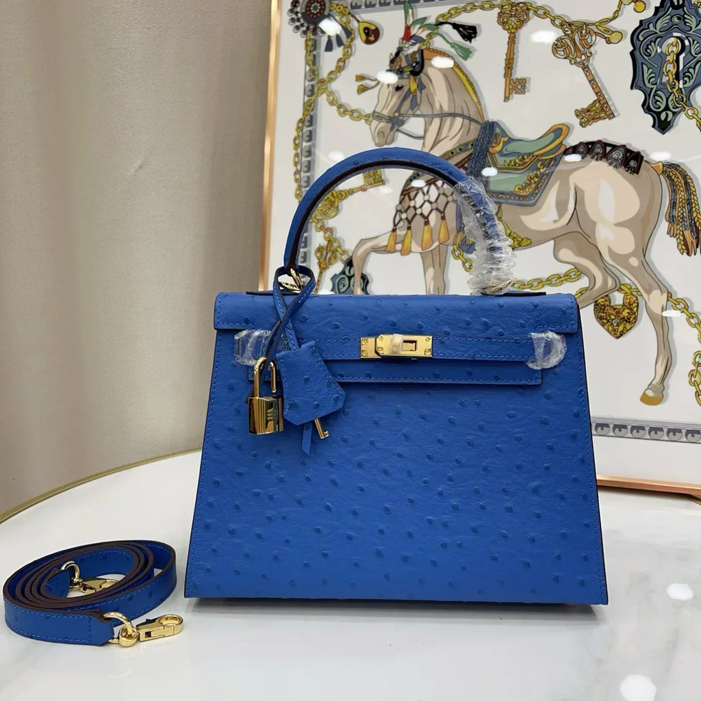 Kelly 25 Sellier Ostrich Bleuet Gold Hardware