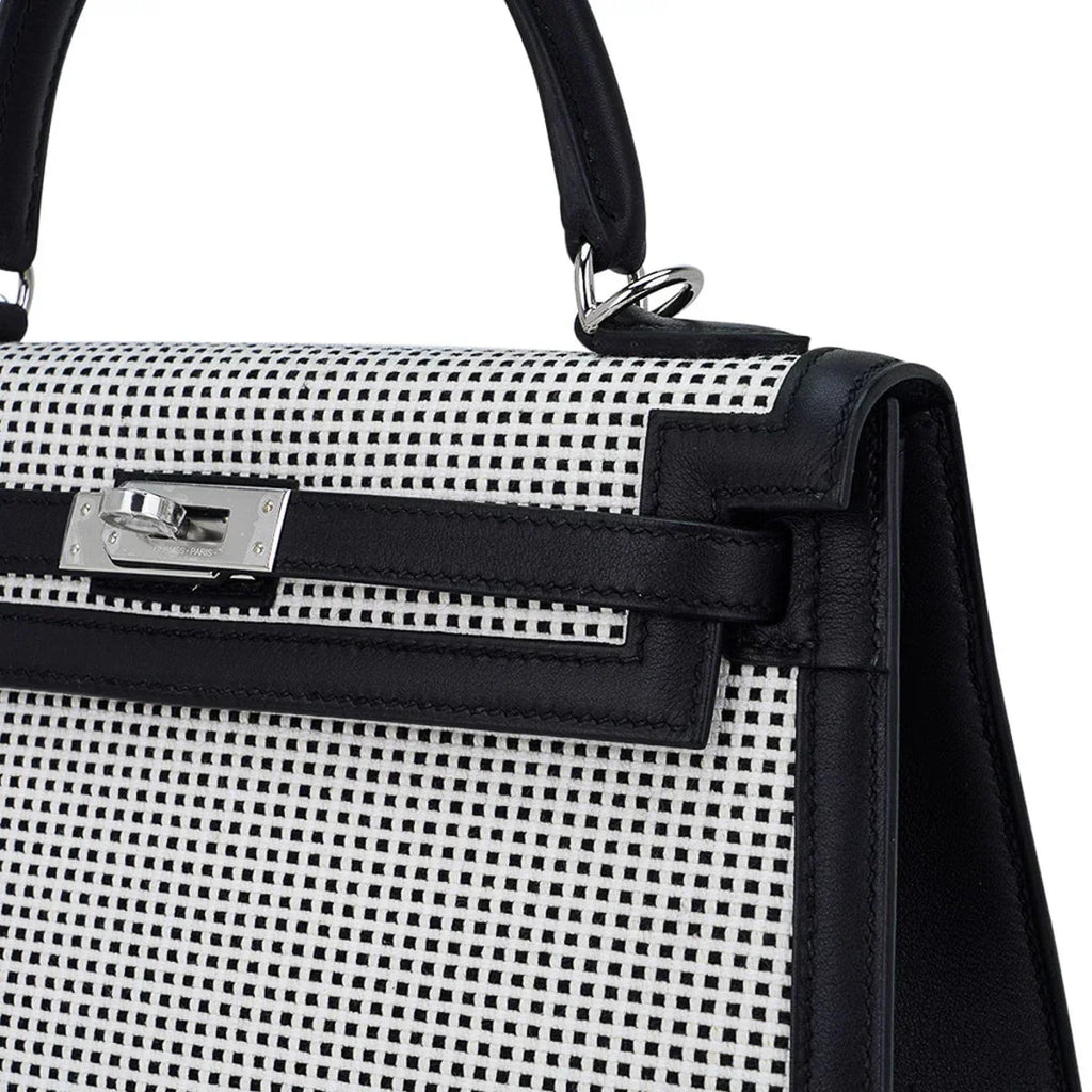 Kelly 25 Sellier Bag Quadrille Black & White Viking Toile Swift Leather with Palladium Hardware