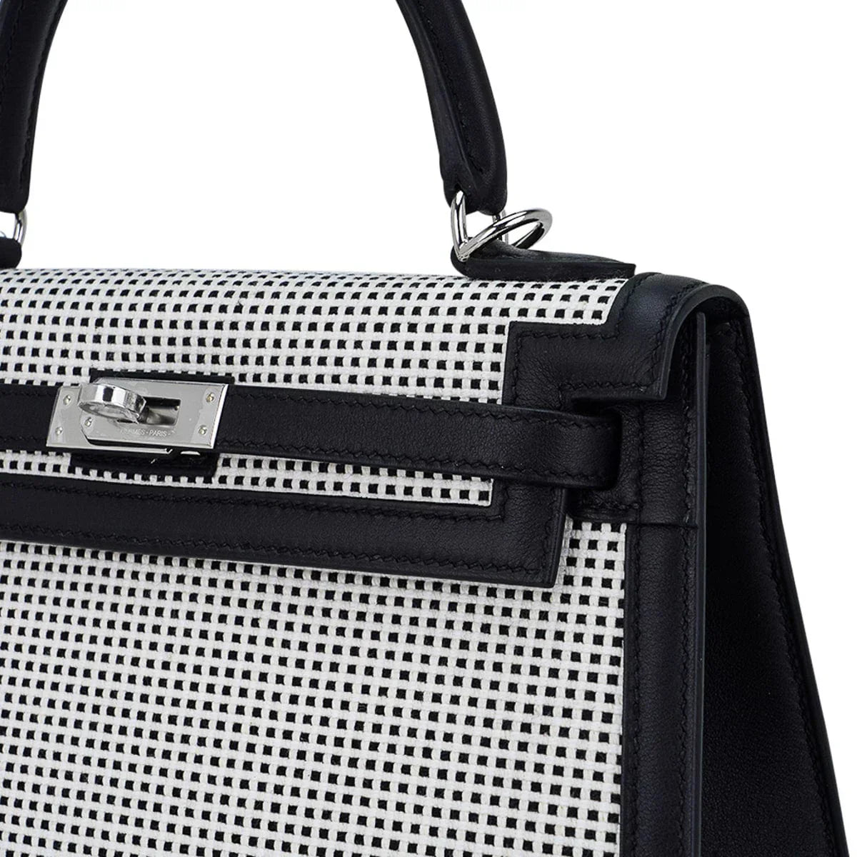 Kelly 25 Sellier Bag Quadrille Black & White Viking Toile Swift Leather with Palladium Hardware