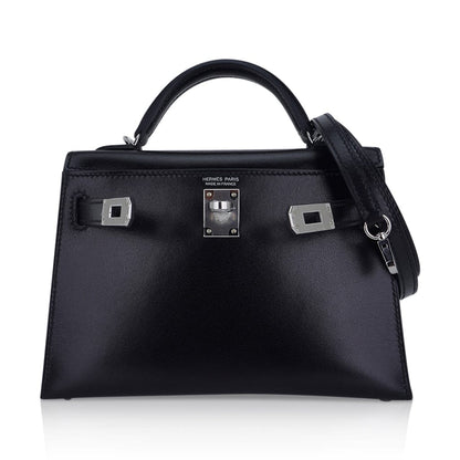 Kelly 20 Sellier Black Box Leather Mini Bag Palladium Hardware