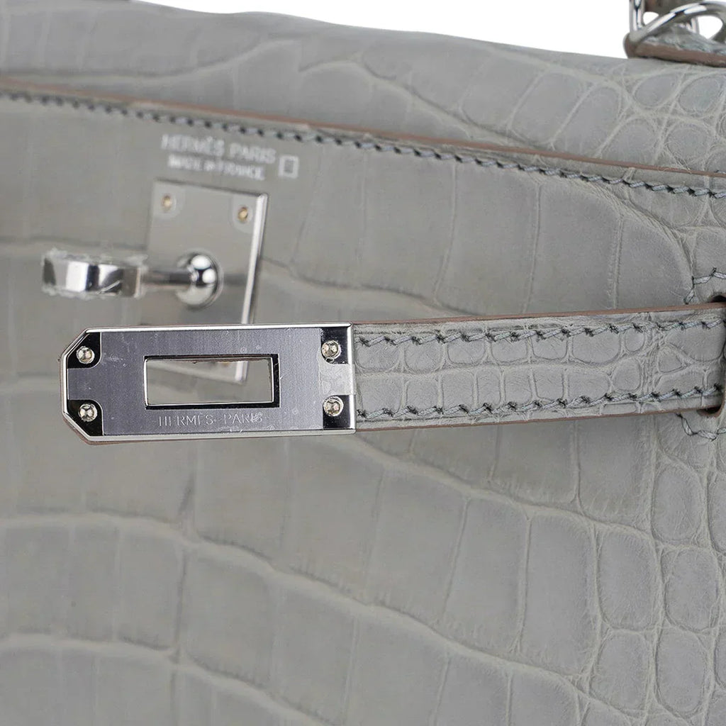 Limited Edition Mini Kelly 20 Sellier Matte Gris Perle Alligator Bag Palladium Hardware