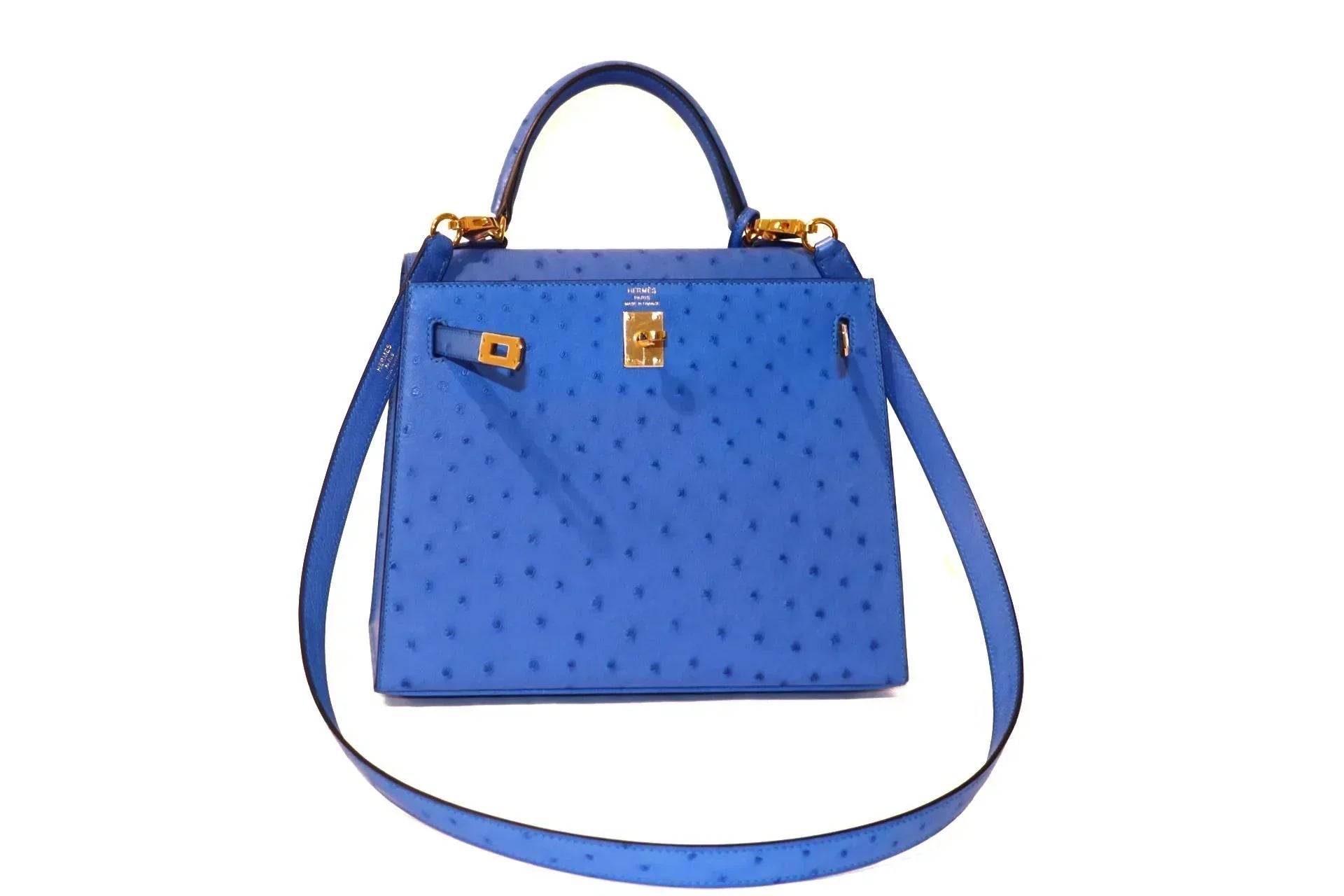 Kelly 25 Sellier Ostrich Bleuet Gold Hardware