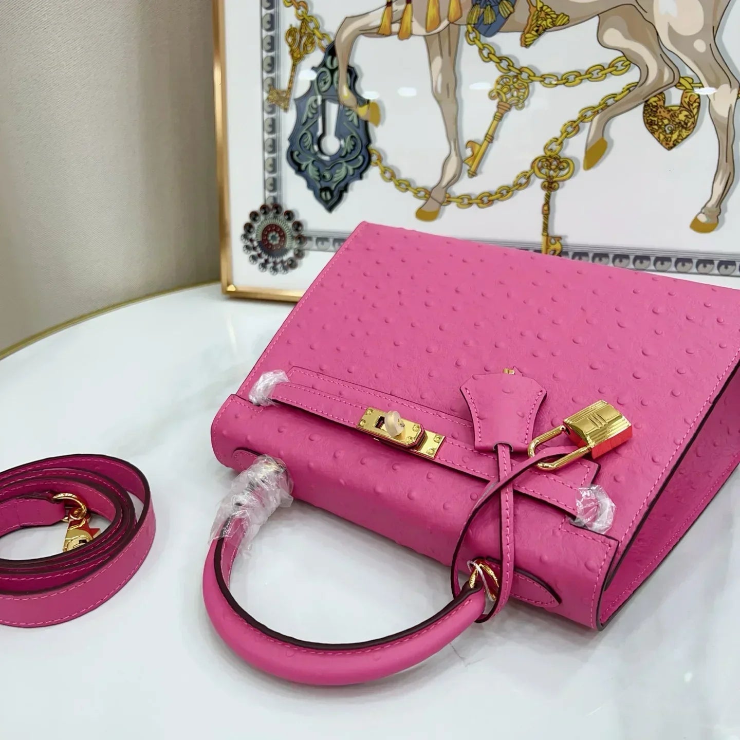 Kelly Sellier 25 Rose Pourpre and Gris Agate Ostrich Brushed Gold Hardware